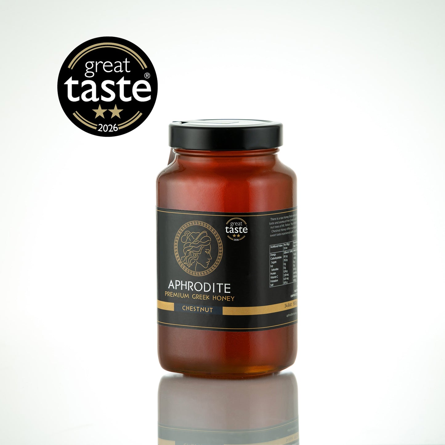 Aphrodite Raw Chestnut Honey 950g jar on white background, 2026 Great Taste award badge