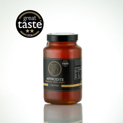 Aphrodite Raw Chestnut Honey 950g jar on white background, 2026 Great Taste award badge