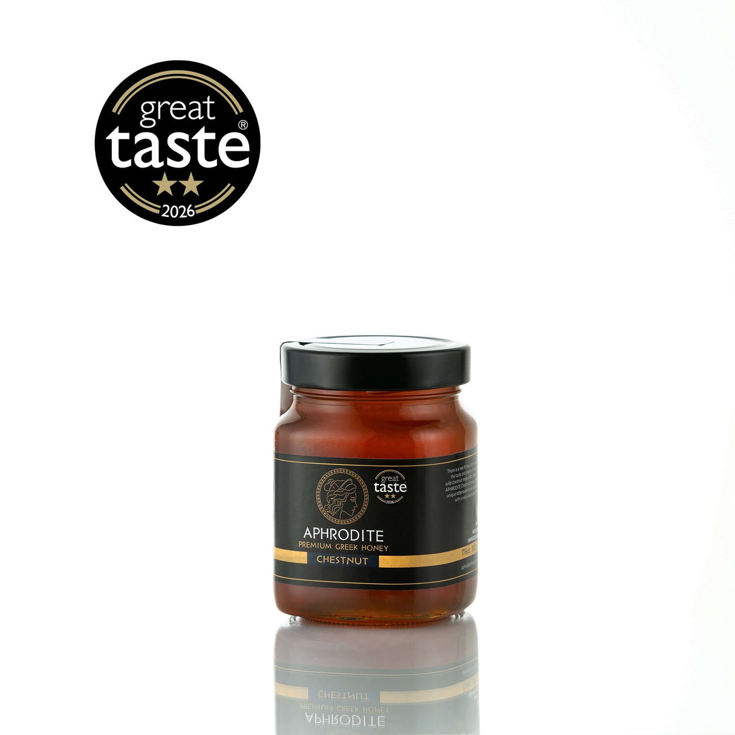 Aphrodite Raw Chestnut Honey 480g jar on white background, 2026 Great Taste award badge