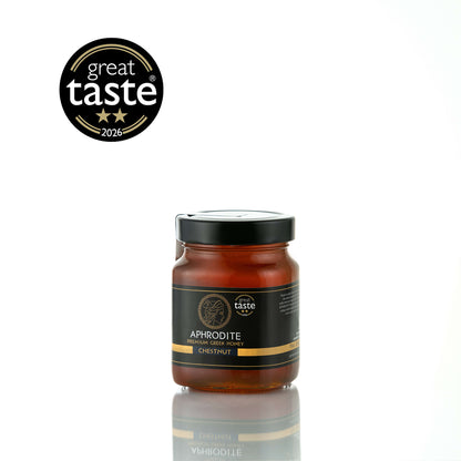 Aphrodite Raw Chestnut Honey 480g jar on white background, 2026 Great Taste award badge
