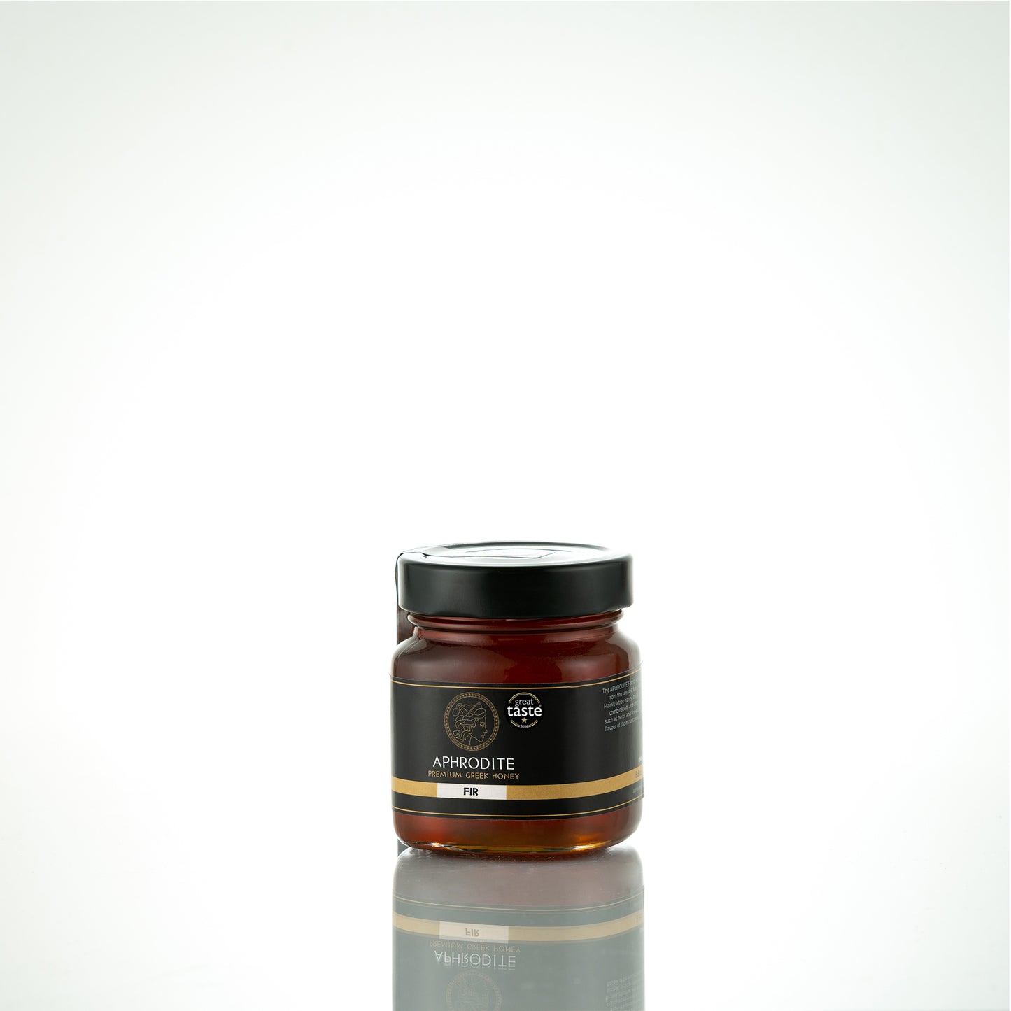 Aphrodite Raw Fir Honey 250g jar side view on white background