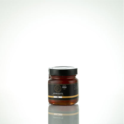 Aphrodite Raw Fir Honey 250g jar side view on white background
