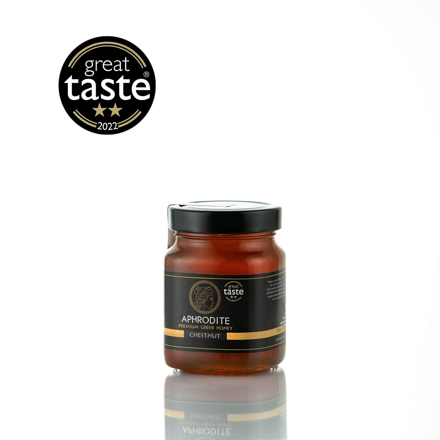 Greek Raw Chestnut Honey in a 500g glass jar in white background. Jar presented on the side. 100% Pure Honey. Aphrodite Honey. Aphrodite Premium Greek Honey. Great Taste 2 stars.